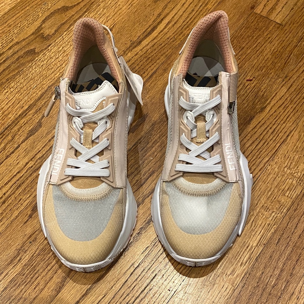 Fendi Tan and White Lace-Up Sneakers